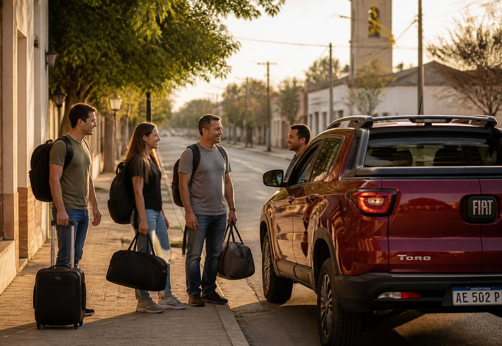 Pasajeros esperando el servicio puerta a puerta junto a una Fiat Toro roja en una calle de pueblo